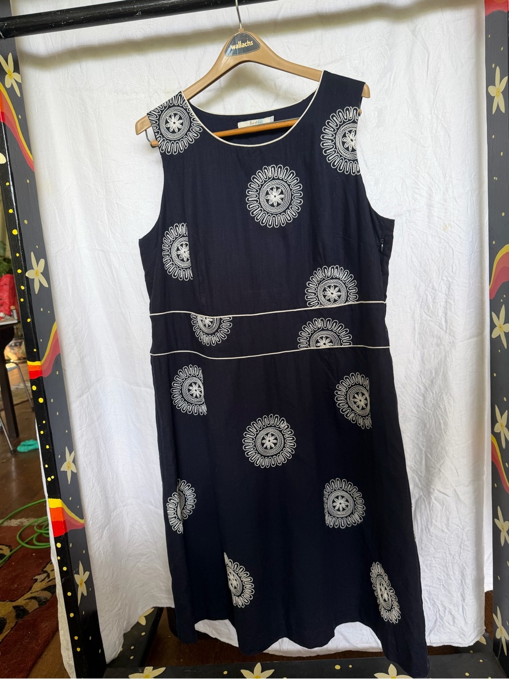 Boden Navy Sleeveless Midi Dress with White Medallion Embroidery
